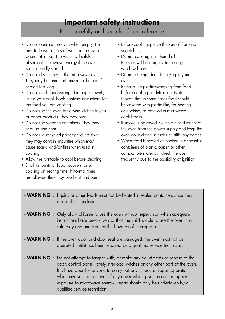 Important safety instructions, Read carefully and keep for future reference | LG MS-192W User Manual | Page 5 / 14