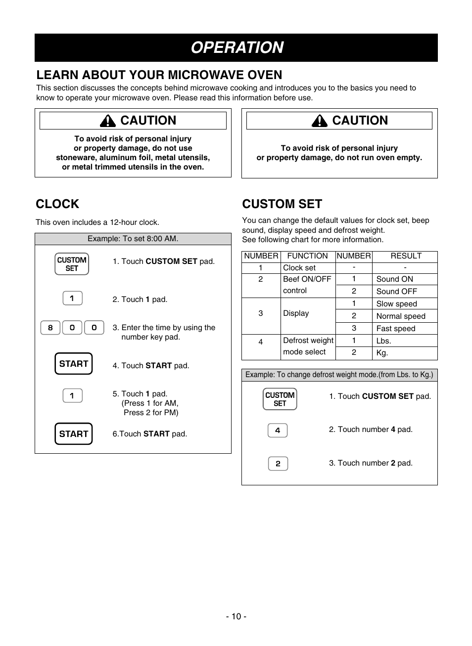 Operation, Learn about your microwave oven, Clock | Custom set, Caution | LG LMVM1935T User Manual | Page 10 / 36