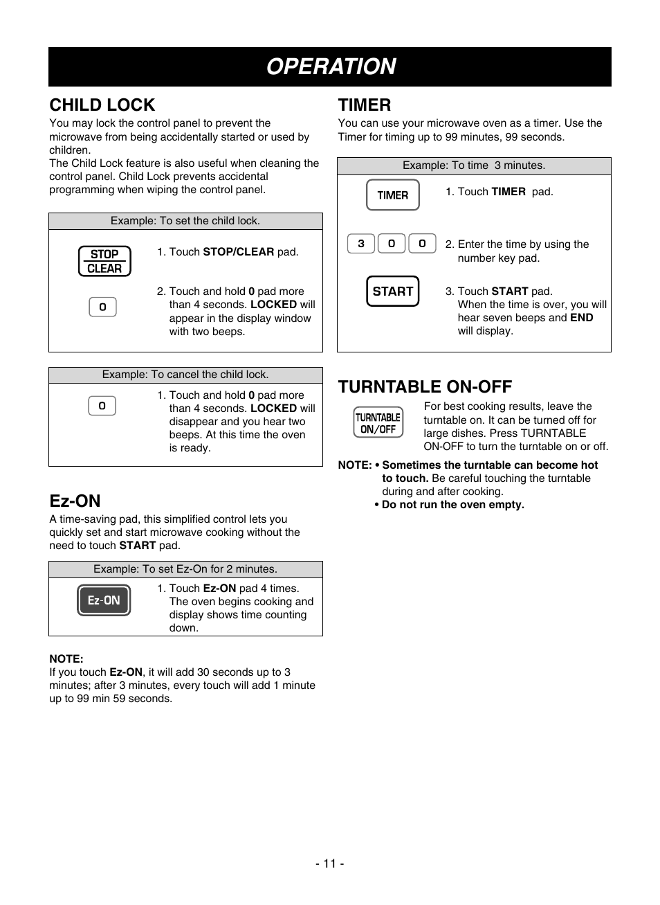 Operation, Turntable on-off, Timer | Child lock, Ez-on | LG LMVM1935T User Manual | Page 11 / 36