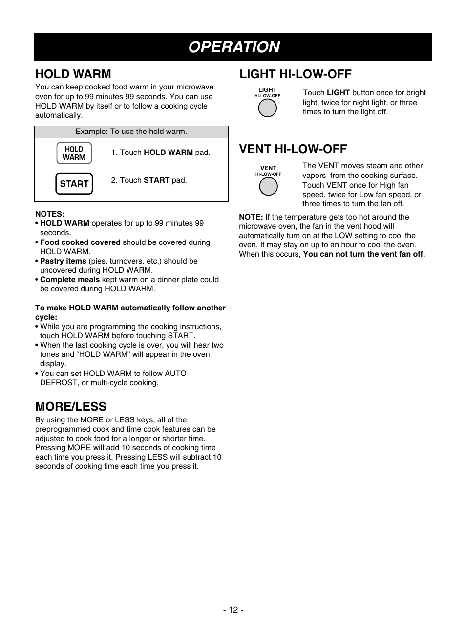 Operation, Vent hi-low-off, Light hi-low-off | Hold warm, More/less | LG LMVM1935T User Manual | Page 12 / 36