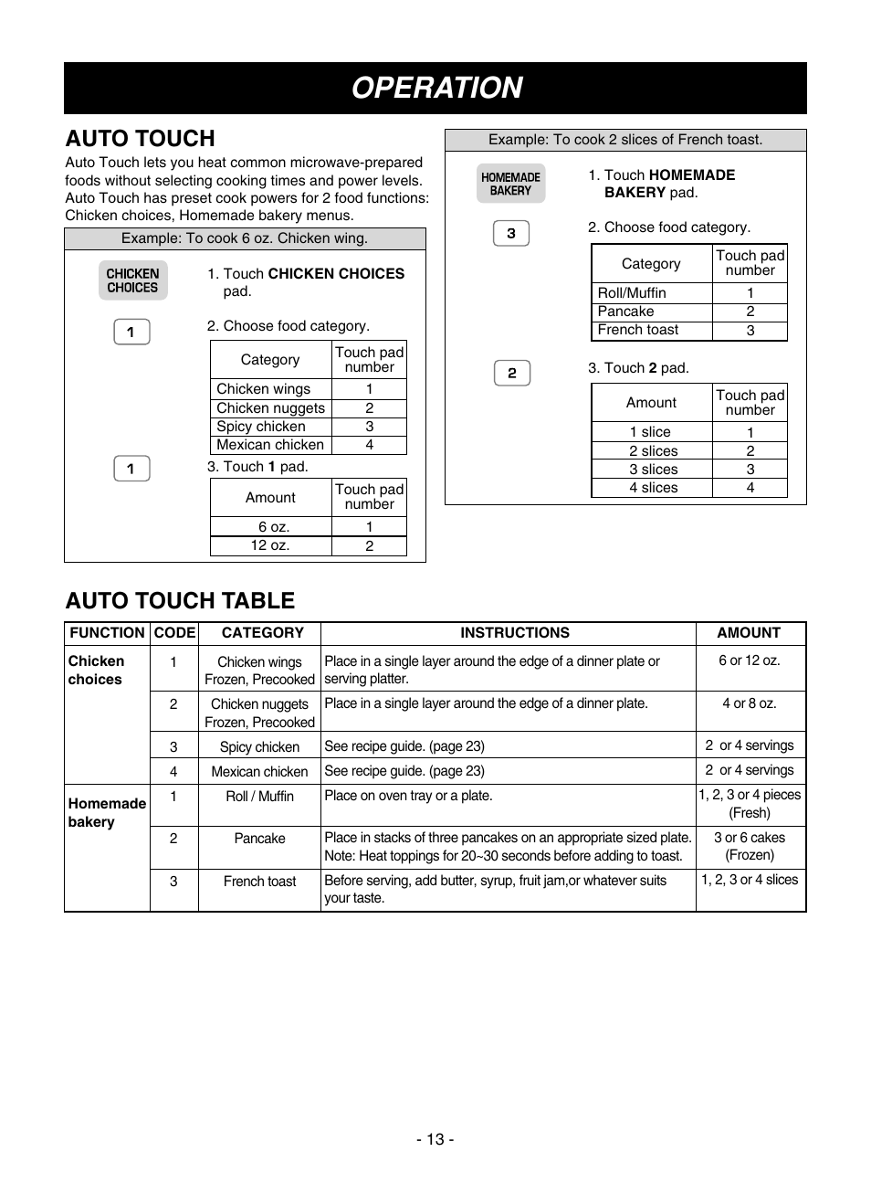 Operation, Auto touch, Auto touch table | LG LMVM1935T User Manual | Page 13 / 36