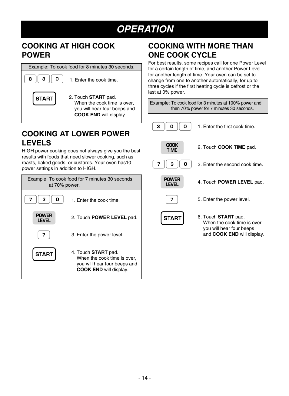 Operation, Cooking at high cook power, Cooking with more than one cook cycle | Cooking at lower power levels | LG LMVM1935T User Manual | Page 14 / 36