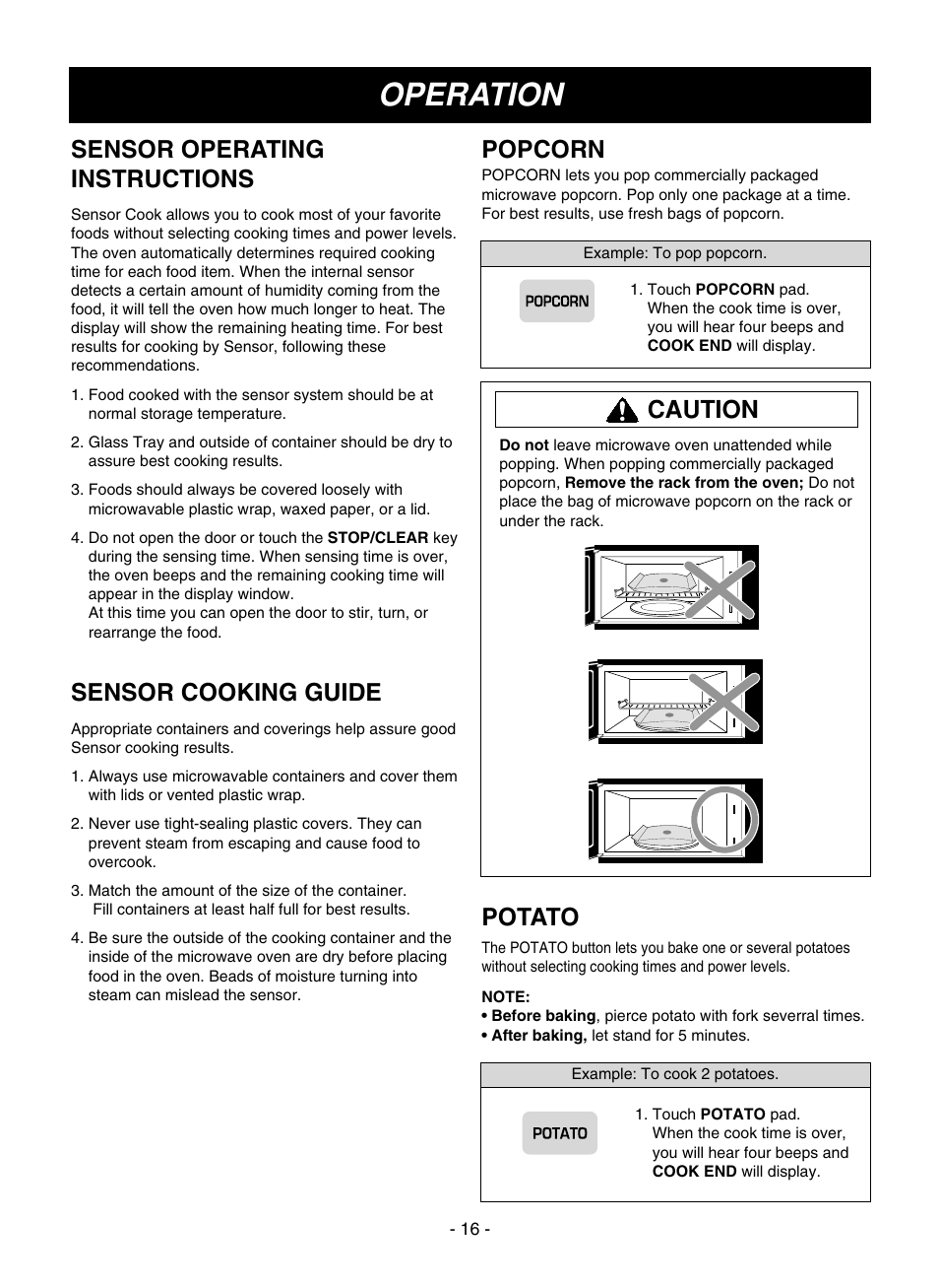 Operation, Sensor operating instructions, Sensor cooking guide | Potato, Popcorn, Caution | LG LMVM1935T User Manual | Page 16 / 36