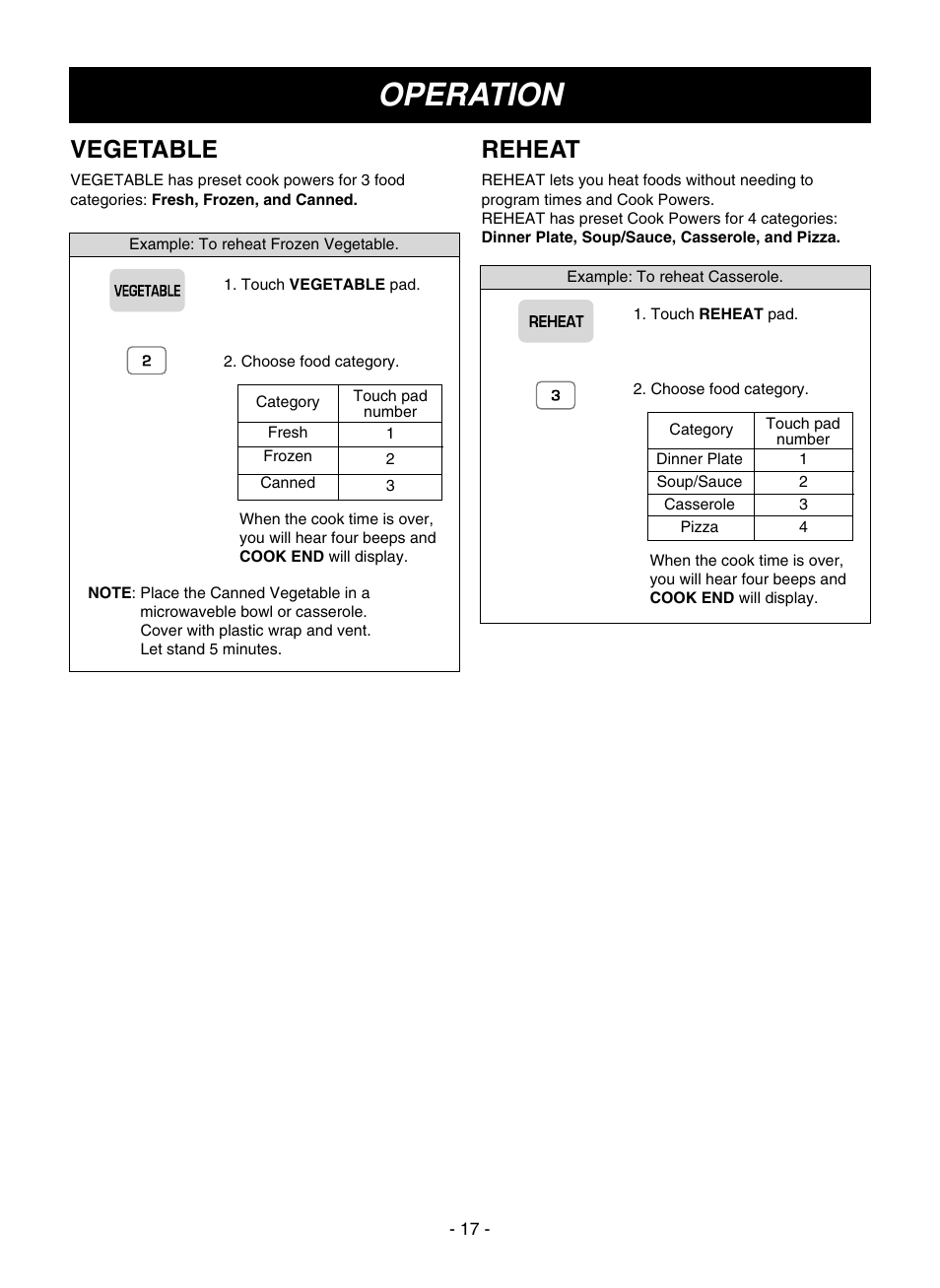 Operation, Reheat, Vegetable | LG LMVM1935T User Manual | Page 17 / 36