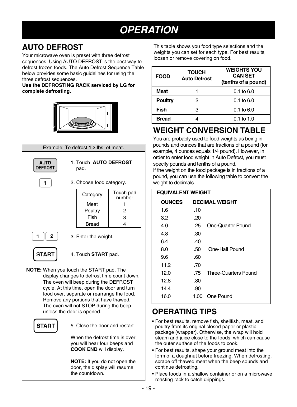 Operation, Weight conversion table, Operating tips | Auto defrost | LG LMVM1935T User Manual | Page 19 / 36