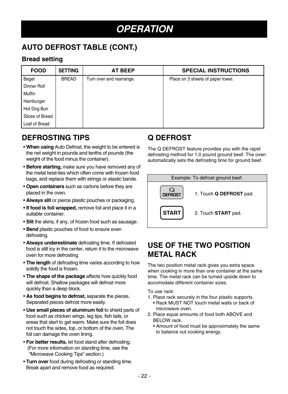 Operation, Q defrost, Defrosting tips | Bread setting | LG LMVM1935T User Manual | Page 22 / 36