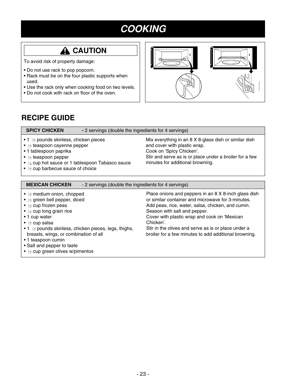 Cooking, Recipe guide, Caution | LG LMVM1935T User Manual | Page 23 / 36