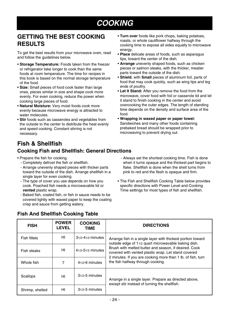 Cooking, Getting the best cooking results, Fish & shellfish | Cooking fish and shellfish: general directions, Fish and shellfish cooking table | LG LMVM1935T User Manual | Page 24 / 36