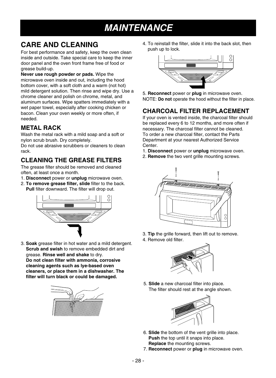 Maintenance, Care and cleaning, Metal rack | Cleaning the grease filters, Charcoal filter replacement | LG LMVM1935T User Manual | Page 28 / 36