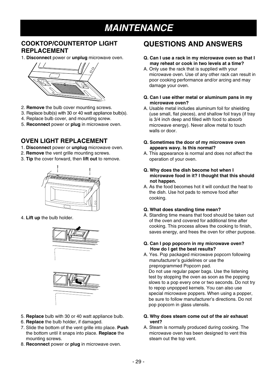 Maintenance, Questions and answers, Oven light replacement | Cooktop/countertop light replacement | LG LMVM1935T User Manual | Page 29 / 36