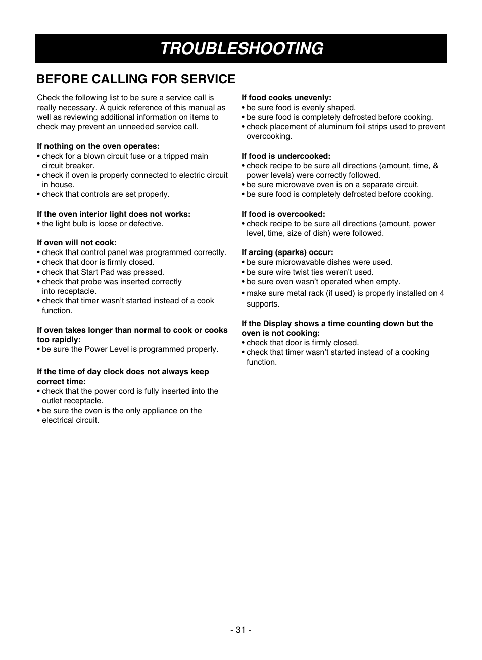 Troubleshooting, Before calling for service | LG LMVM1935T User Manual | Page 31 / 36