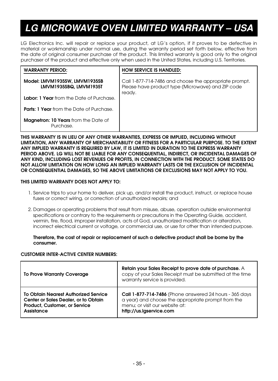 Lg microwave oven limited warranty – usa | LG LMVM1935T User Manual | Page 35 / 36