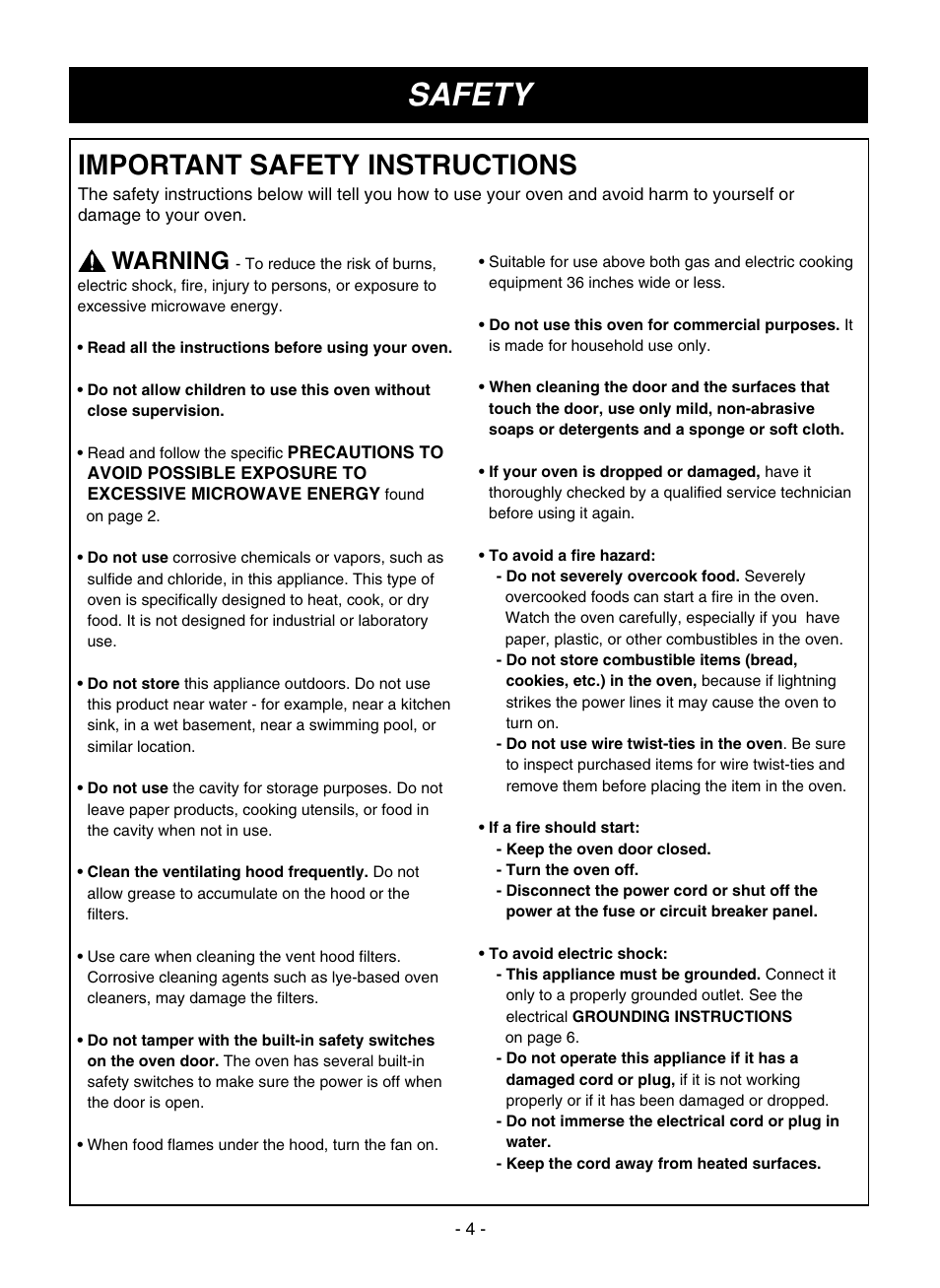 Safety, Important safety instructions, Warning | LG LMVM1935T User Manual | Page 4 / 36