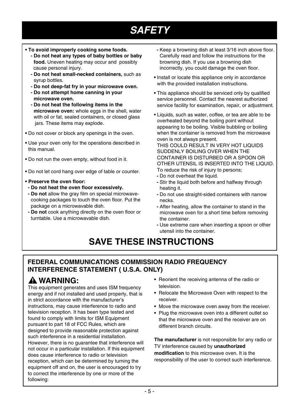 Safety, Save these instructions, Warning | LG LMVM1935T User Manual | Page 5 / 36