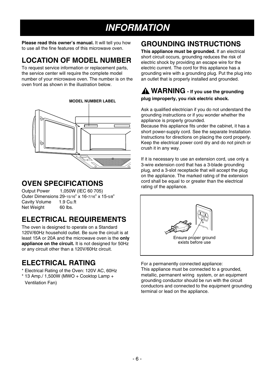 Information, Location of model number, Oven specifications | Electrical requirements, Electrical rating, Grounding instructions, Warning | LG LMVM1935T User Manual | Page 6 / 36