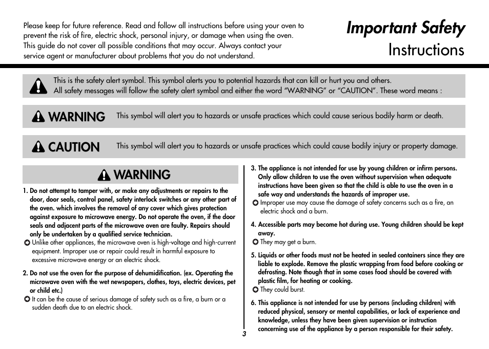 Important safety instructions, Warning, Caution warning | LG MC9280XC User Manual | Page 3 / 56