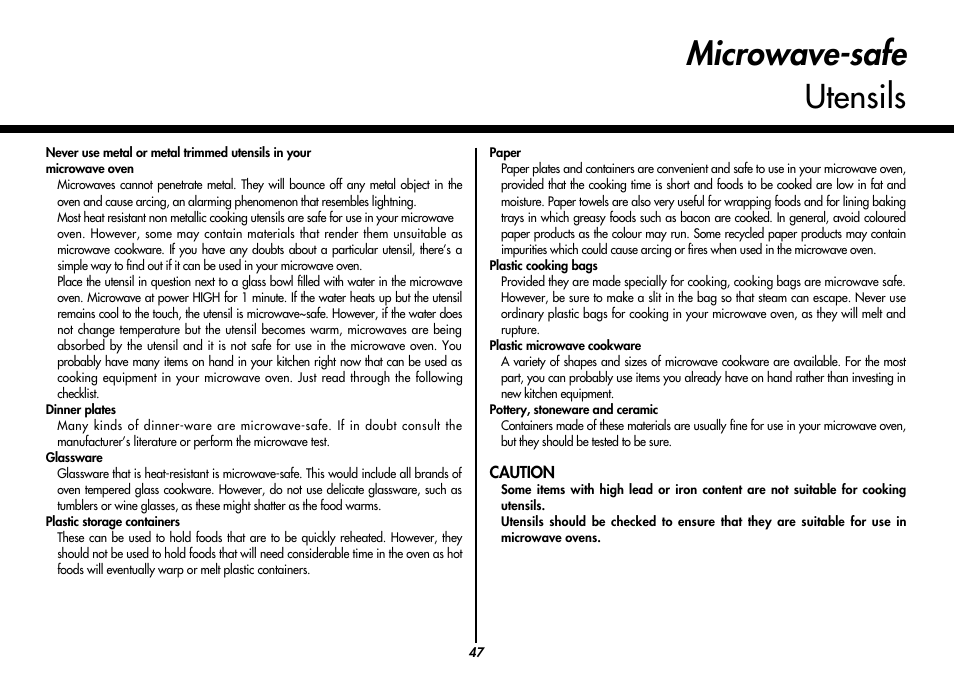 Microwave-safe utensils | LG MC9280XC User Manual | Page 47 / 56