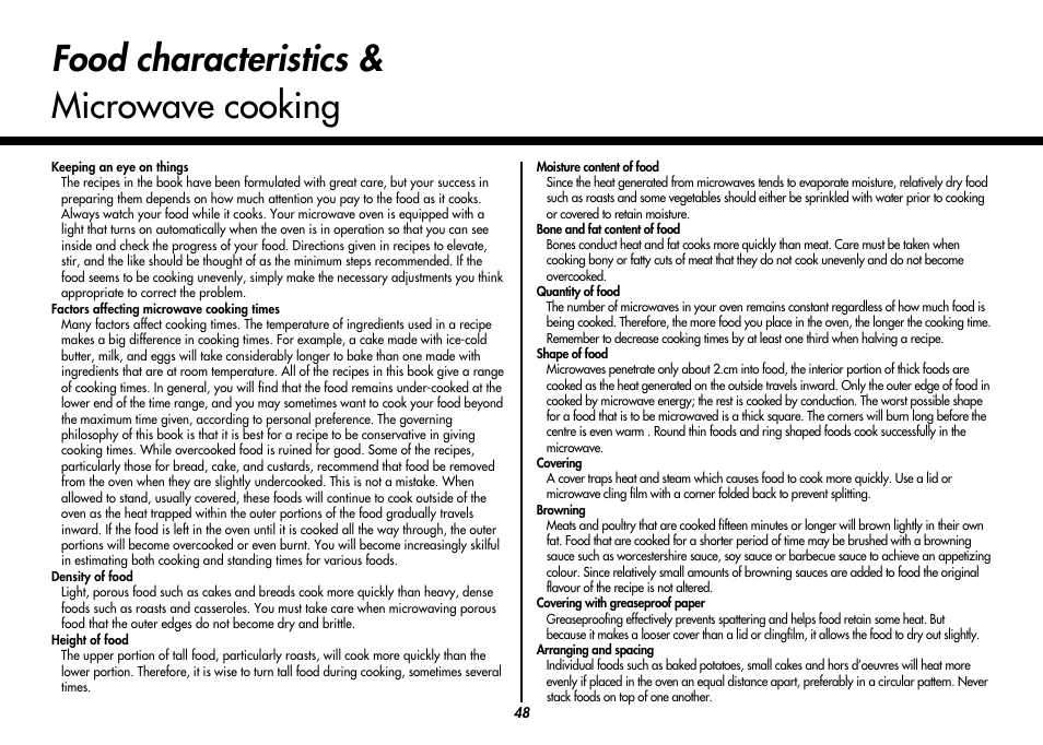 Food characteristics & microwave cooking | LG MC9280XC User Manual | Page 48 / 56