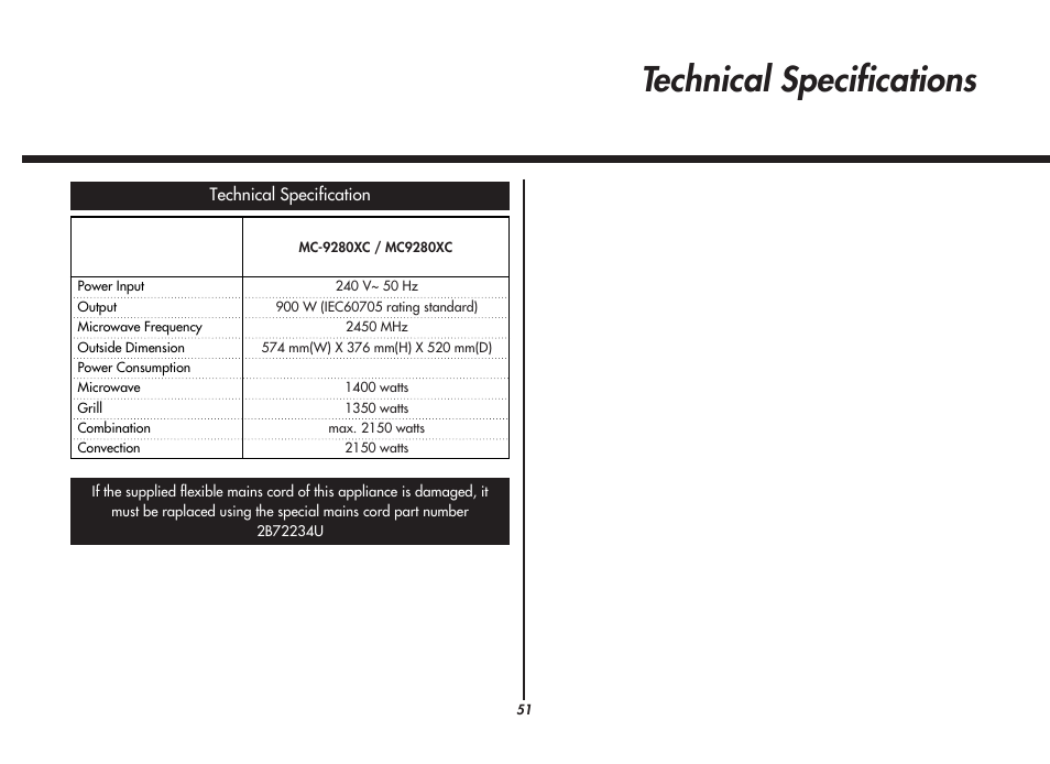 Technical specifications | LG MC9280XC User Manual | Page 51 / 56