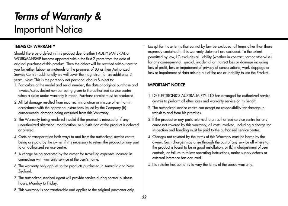 Terms of warranty & important notice | LG MC9280XC User Manual | Page 52 / 56