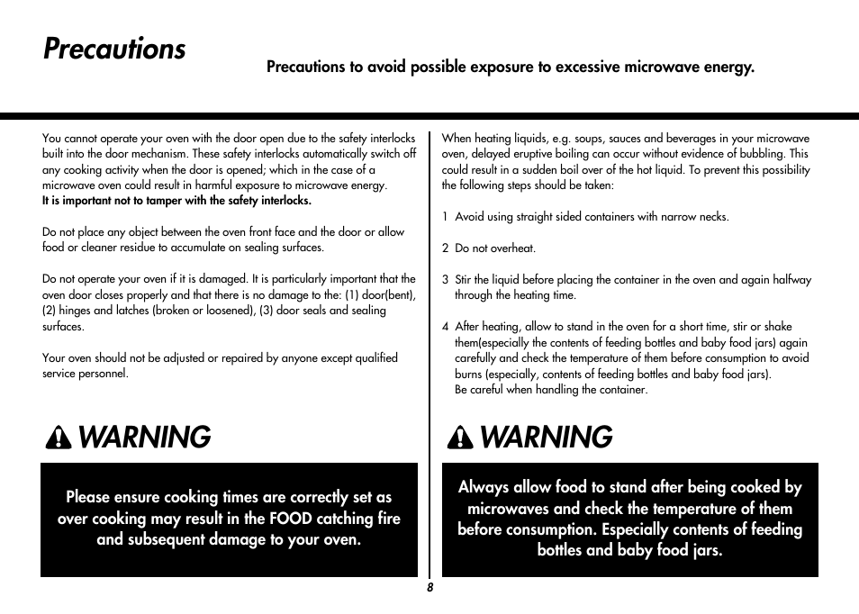 Precautions, Warning | LG MC9280XC User Manual | Page 8 / 56