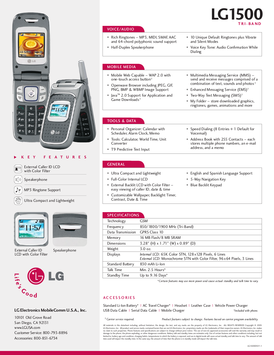 Lg1500, Lg electronics mobilecomm u.s.a., inc, T r i - b a n d | 0 support for application and game downloads, Enhanced messaging service (ems), Two-way text messaging (sms) | LG 1500 User Manual | Page 2 / 2