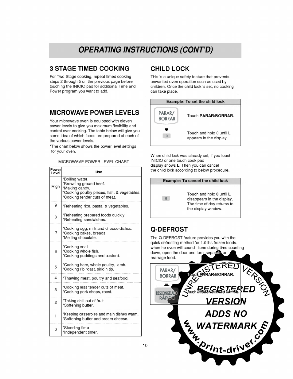 3 stage timed cooking, Child lock, Microwave power levels | Q-defrost, Operating instructions (contv) | LG MS-0745V User Manual | Page 10 / 19