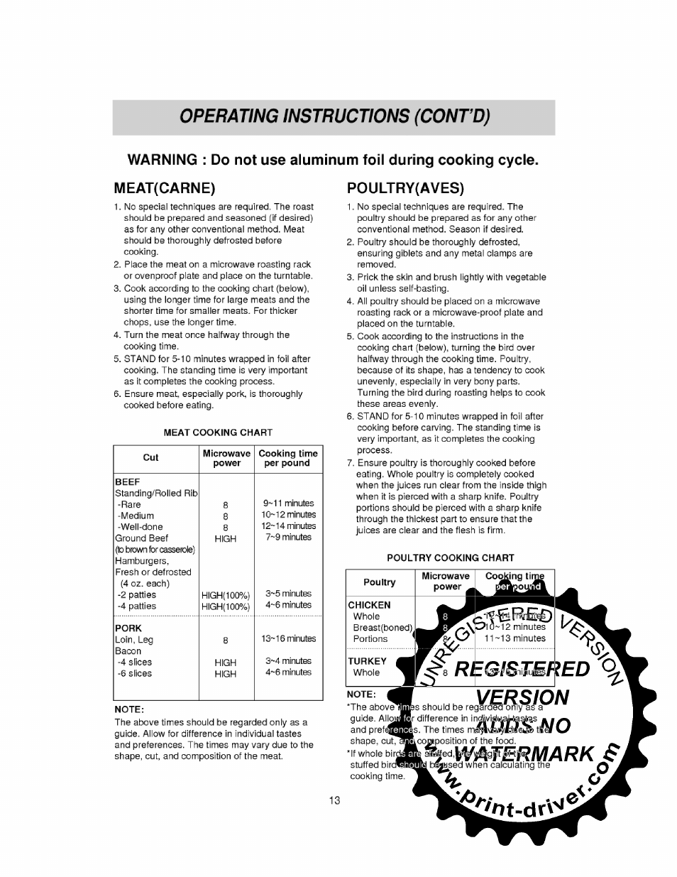 Meat{carne), Poultry(aves), Operating instructions (conto) | LG MS-0745V User Manual | Page 13 / 19