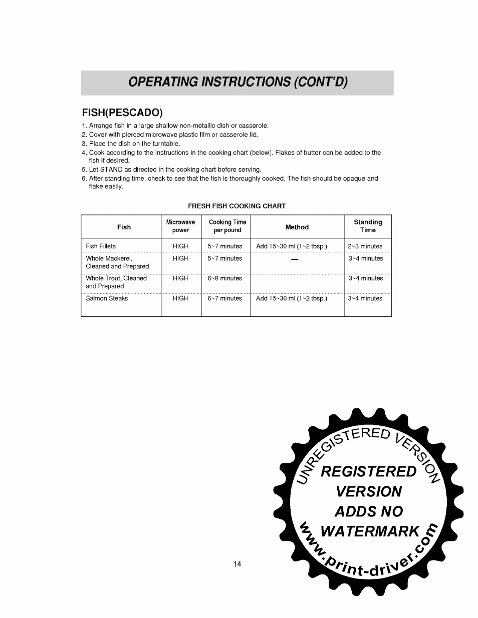 Fish(pescado), Operating instructions (contd) | LG MS-0745V User Manual | Page 14 / 19