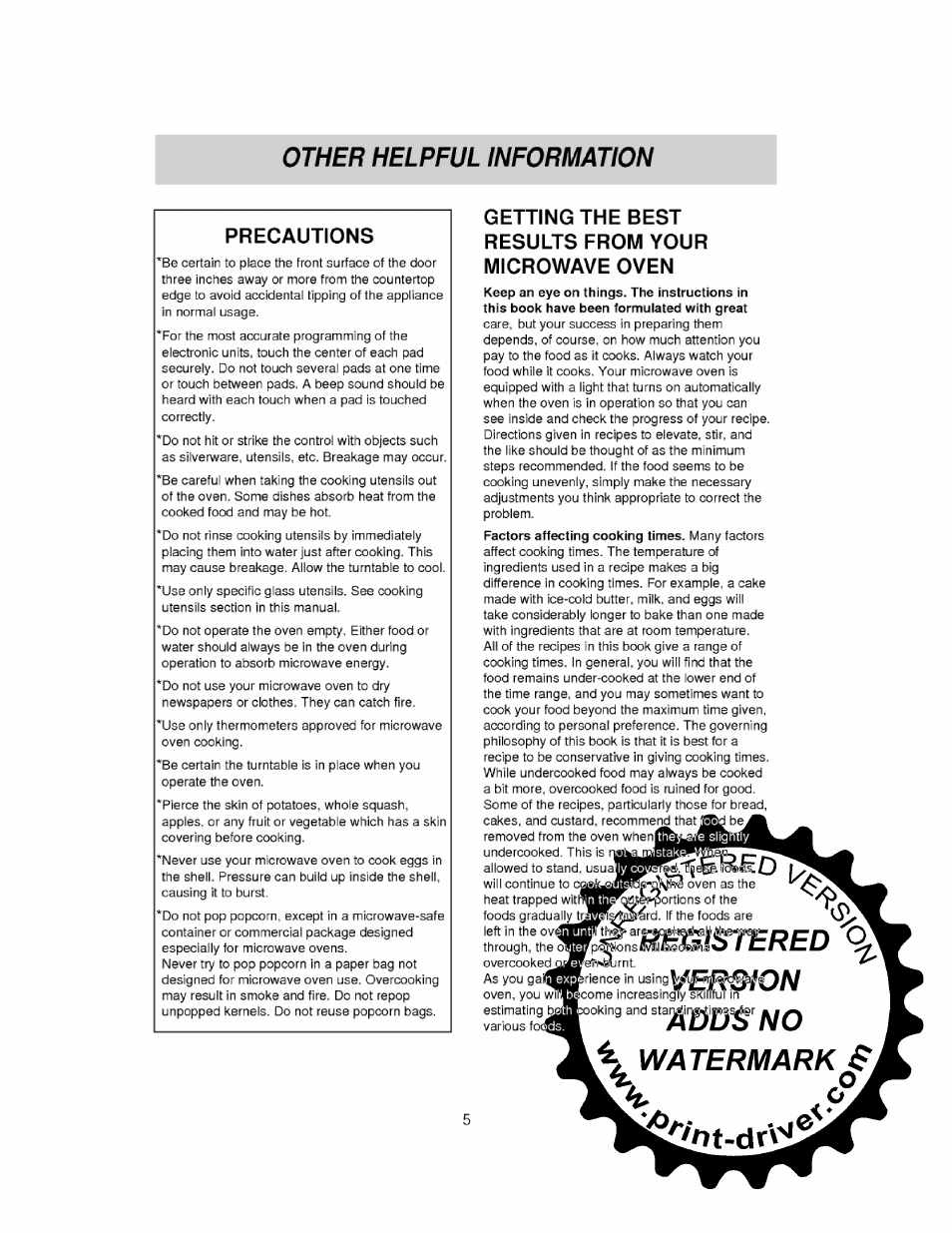 Getting the best results from your microwave oven, T^red on no a watermark si, Other helpful information | Precautions | LG MS-0745V User Manual | Page 5 / 19