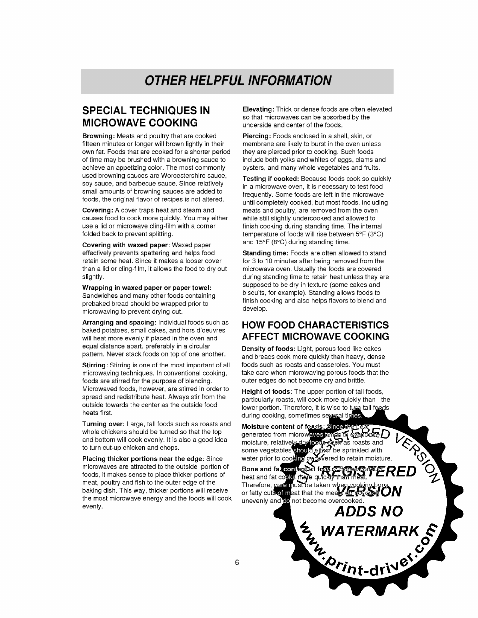 Special techniques in microwave cooking, How food characteristics affect microwave cooking, Other helpful information | LG MS-0745V User Manual | Page 6 / 19