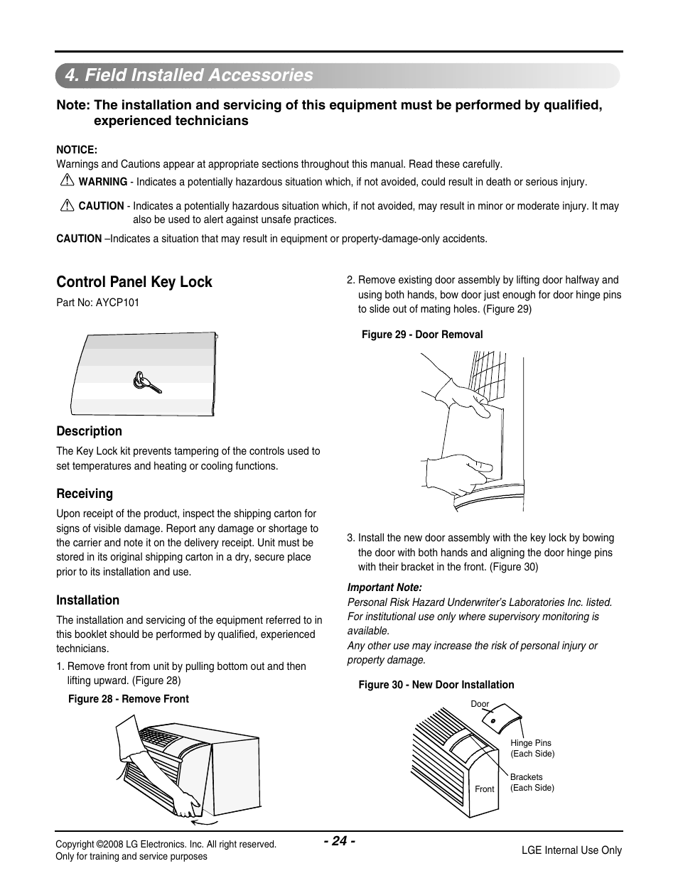 Field installed accessories, Control panel key lock | LG LP091CEM-Y8 User Manual | Page 24 / 48