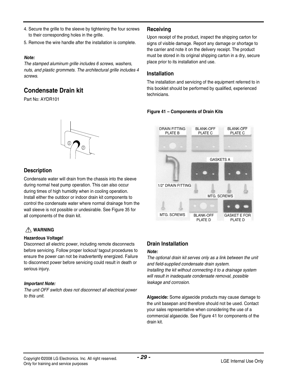 Condensate drain kit, Description, Receiving | Installation, Drain installation | LG LP091CEM-Y8 User Manual | Page 29 / 48