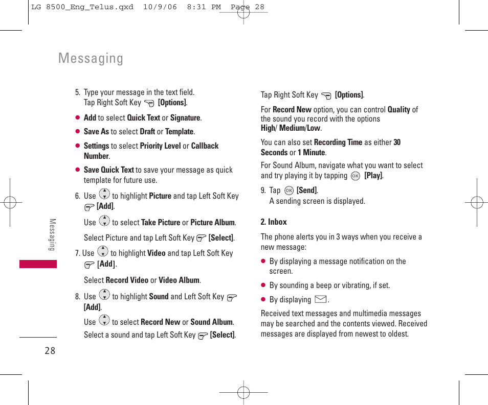 Messaging | LG 8500 User Manual | Page 29 / 81
