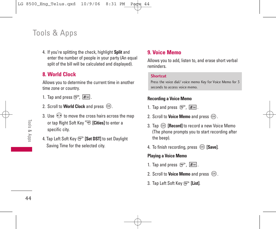 Tools & apps | LG 8500 User Manual | Page 45 / 81
