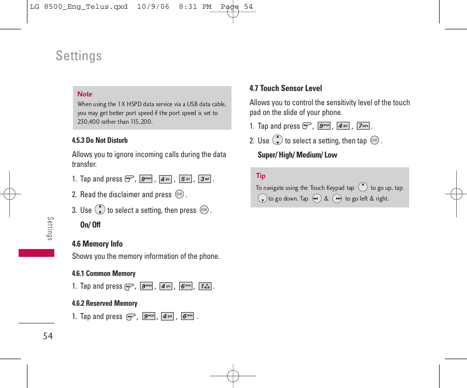 Settings | LG 8500 User Manual | Page 55 / 81