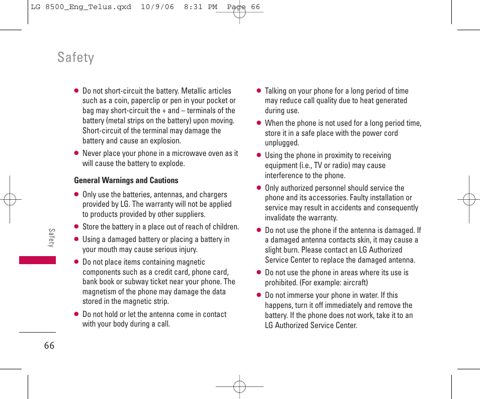 Safety | LG 8500 User Manual | Page 67 / 81