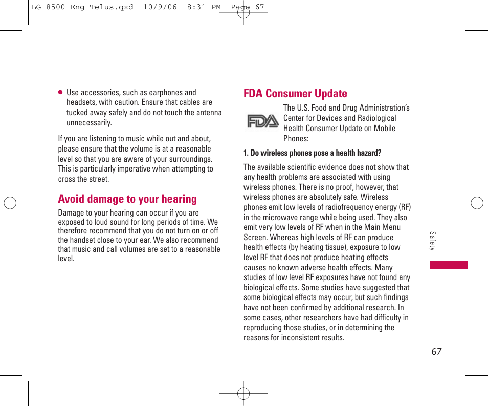 Avoid damage to your hearing, Fda consumer update | LG 8500 User Manual | Page 68 / 81