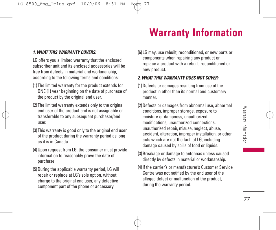 Warranty information | LG 8500 User Manual | Page 78 / 81