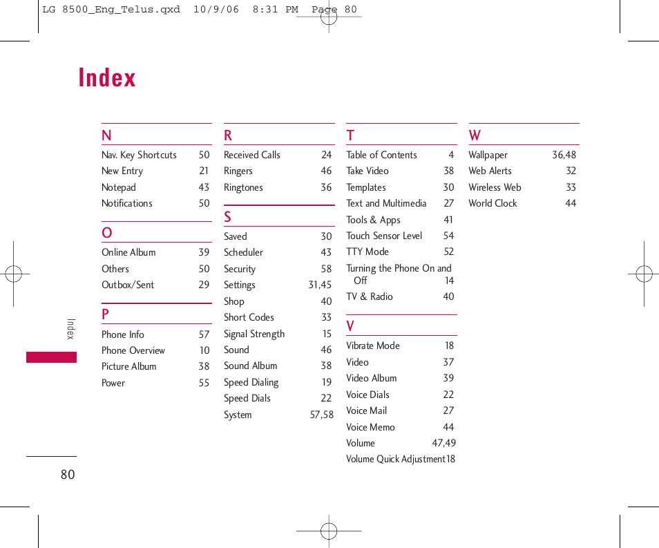 Index | LG 8500 User Manual | Page 81 / 81
