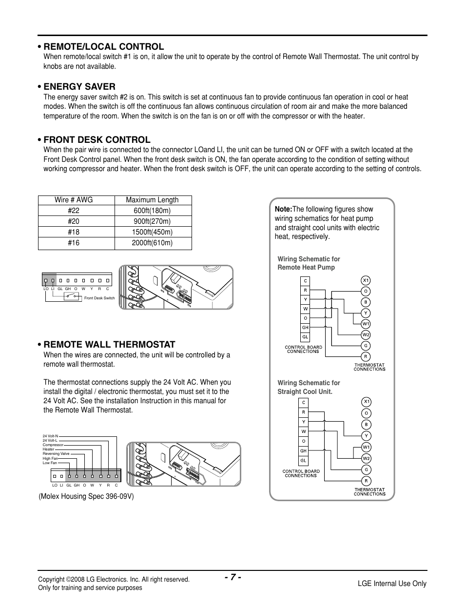 Front desk control, Remote wall thermostat, Remote/local control | Energy saver | LG LP121HEM-Y8 User Manual | Page 7 / 47