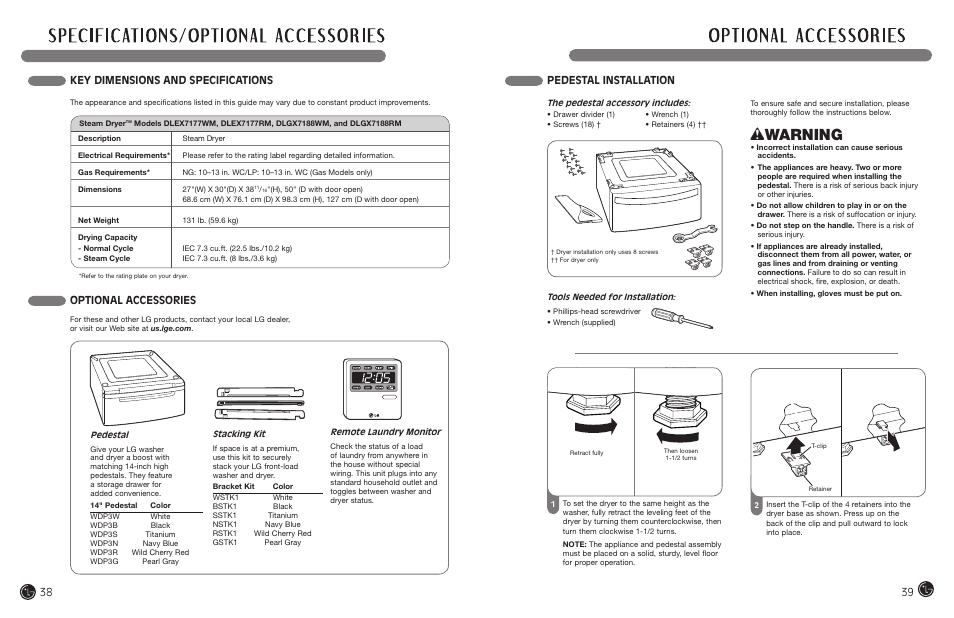 Wwarning, Key dimensions and specifications, Optional accessories | Pedestal installation | LG DLEX7177RM User Manual | Page 20 / 45