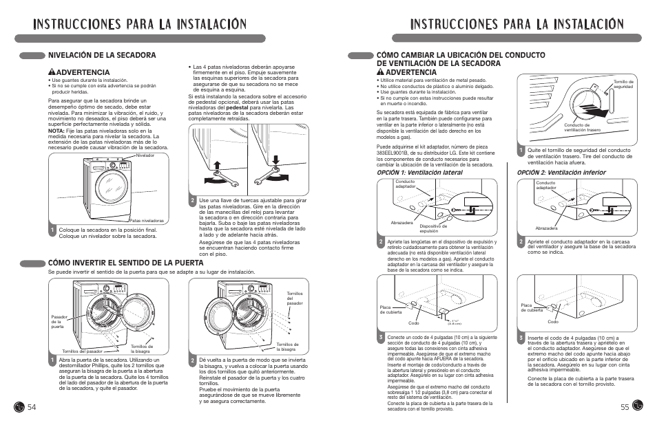 Nivelación de la secadora, Cómo invertir el sentido de la puerta, Advertencia | LG DLEX7177RM User Manual | Page 28 / 45