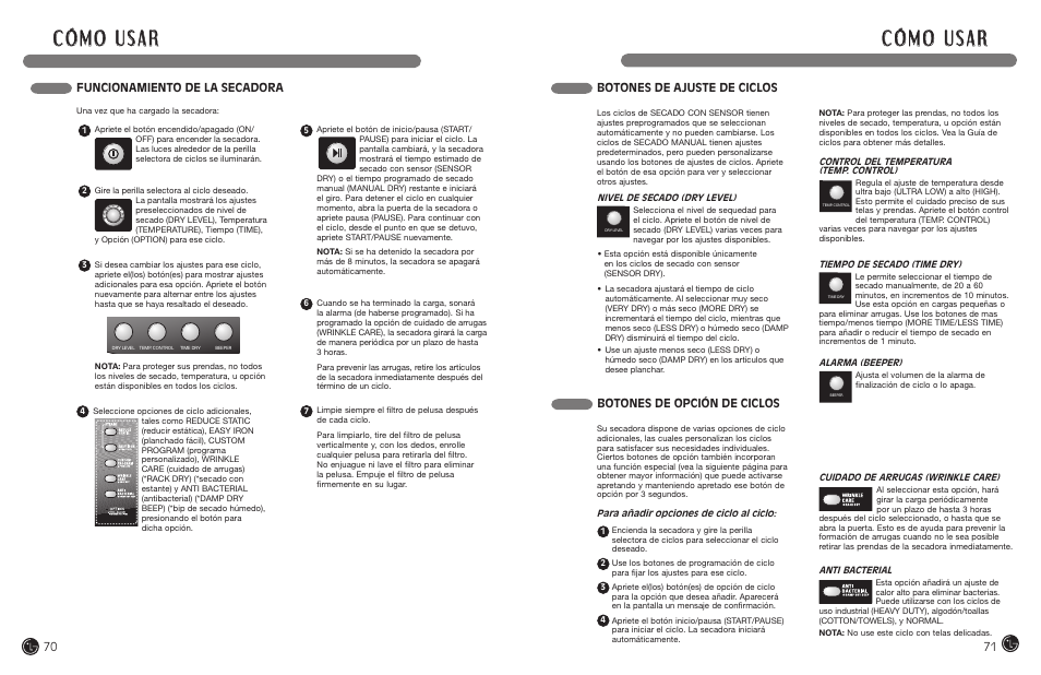 Funcionamiento de la secadora, Botones de ajuste de ciclos, Botones de opción de ciclos | LG DLEX7177RM User Manual | Page 36 / 45
