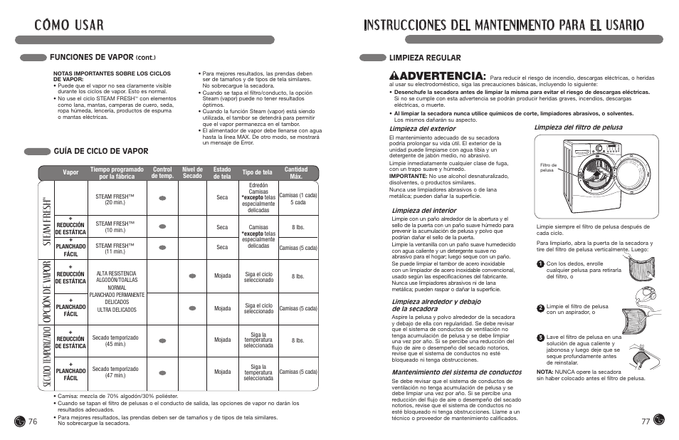 Instrucciones del mantenimento para el usario, Wadvertencia, Steam fresh | Opción de v apor, Sec ado temporizado, Limpieza regular, Guía de ciclo de vapor, Funciones de vapor | LG DLEX7177RM User Manual | Page 39 / 45