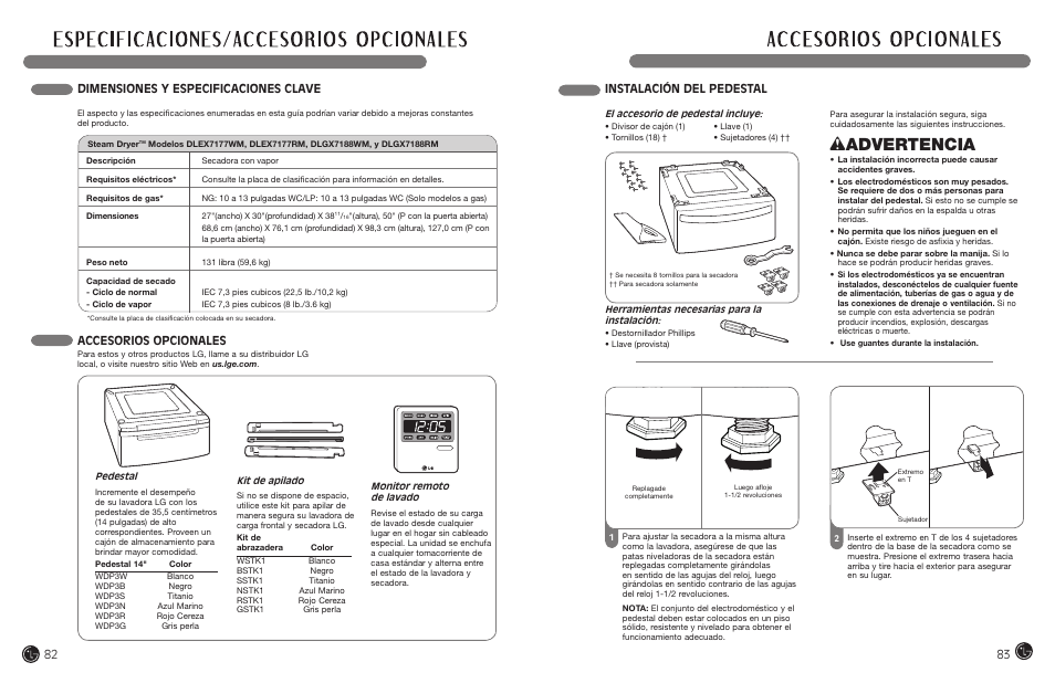 Wadvertencia, Dimensiones y especificaciones clave, Accesorios opcionales | Instalación del pedestal | LG DLEX7177RM User Manual | Page 42 / 45