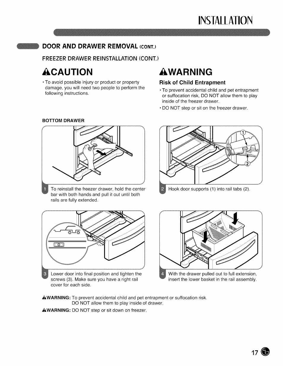 Risk of child entrapment, Installation, Acaution | Awarning | LG LMX28G83 User Manual | Page 17 / 46