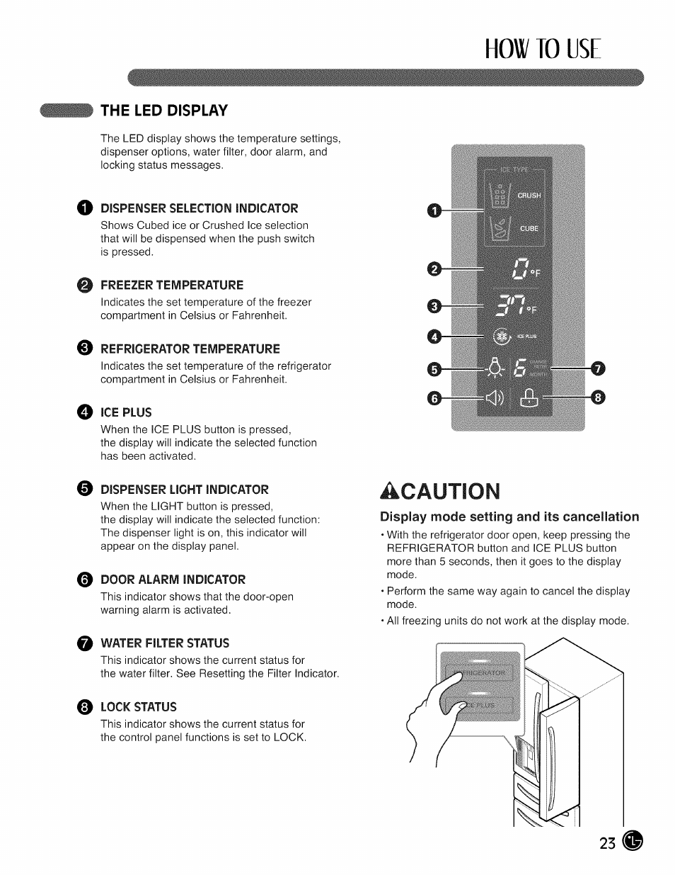 The led display, O dispenser selection indicator, 0 freezer temperature | 0 refrigerator temperature, O ice plus, 0 dispenser light indicator, 0 door alarm indicator, 0 water filter status, 0 lock status, Display mode setting and its cancellation | LG LMX28G83 User Manual | Page 23 / 46