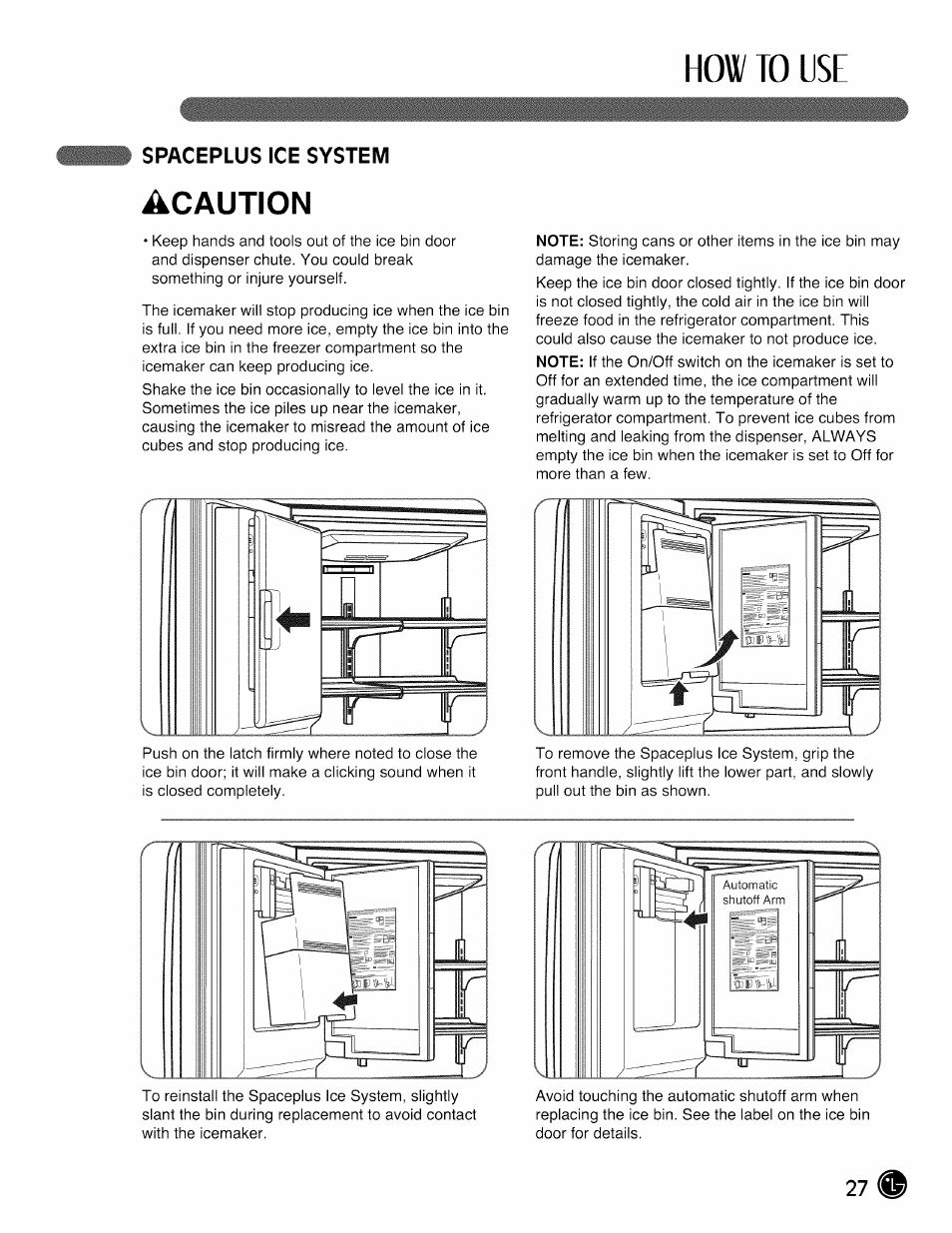 Spaceplus ice system, How to use, Acaution | LG LMX28G83 User Manual | Page 27 / 46