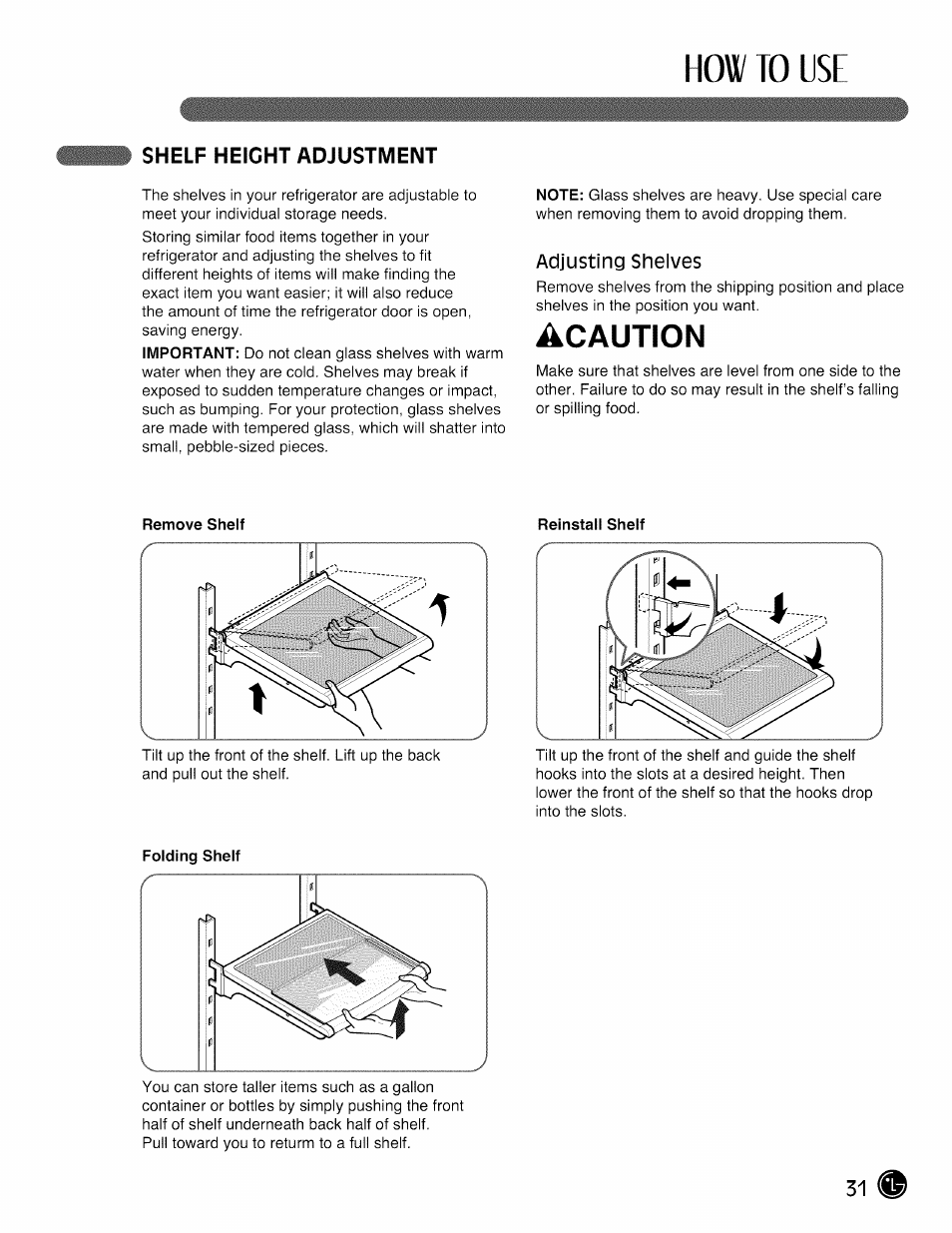 Shelf height adjustment, How to use, Acaution | LG LMX28G83 User Manual | Page 31 / 46